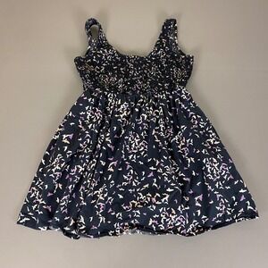 H&M Mini Dress Size 6 Black‎ w/ Colorful Bird Print Sleeveless Smocked Casual